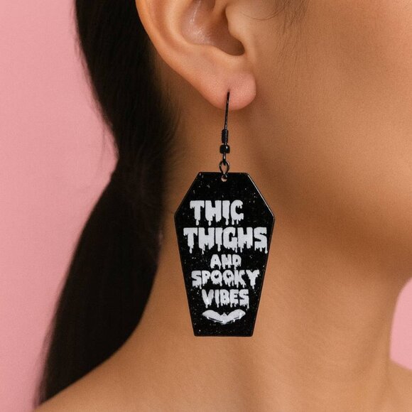 Thic Thighs & Spooky Vibes Coffin Earrings | Cute Halloween Statement Jewelry - Picture 2 of 4